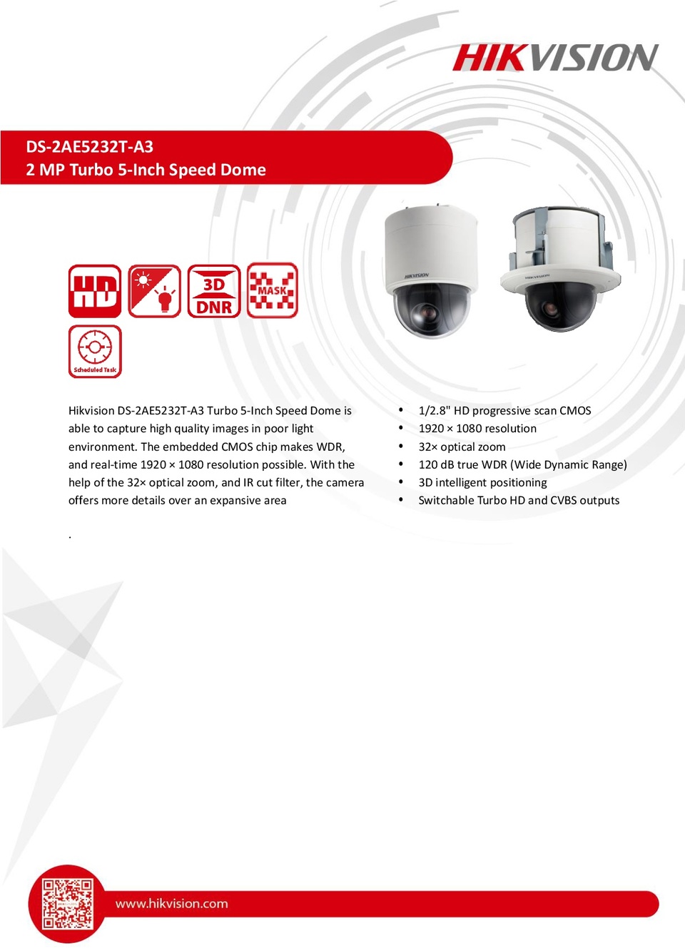 Hikvision DS-2AE5232T-A3 HD-TVI 2MP PTZ Camera With 32X Optical Zoom 0
