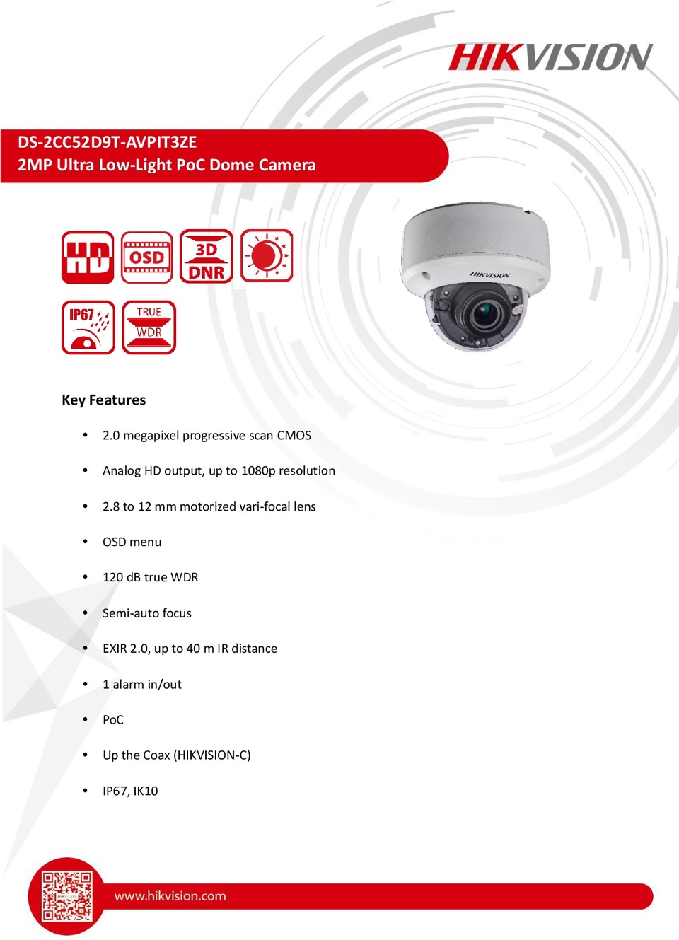 Hikvision DS-2CC52D9T-AVPIT3ZE HD-TVI 2MP PoC Dome Camera with Starlight & Vari Focal Lens 0