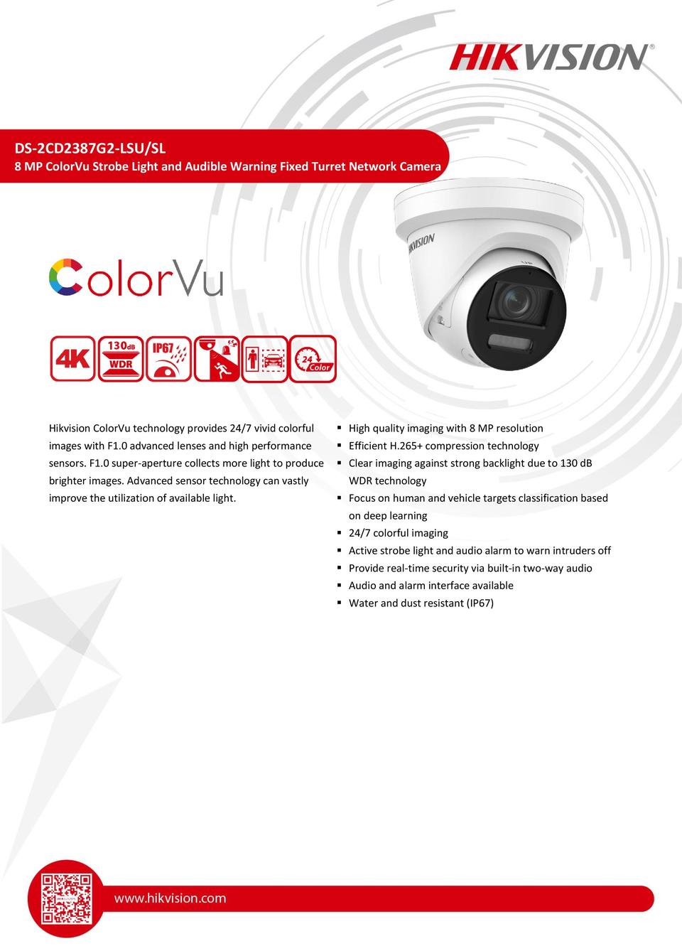 Hikvision DS-2CD2387G2-LSU/SL 8MP ColorVu with Acusense Turret Camera with 2.8mm Lens (1 Available) 0