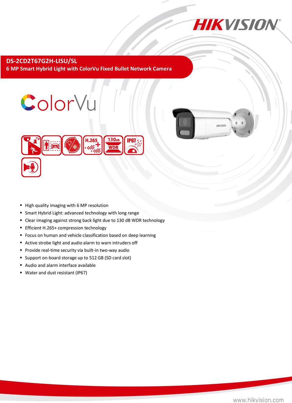 Hikvision DS-2CD2T67G2H-LISU/SL 6MP Smart Hybrid Light ColorVu Bullet, LiveGuard & Two-Way Audio 2.8mm Lens 0