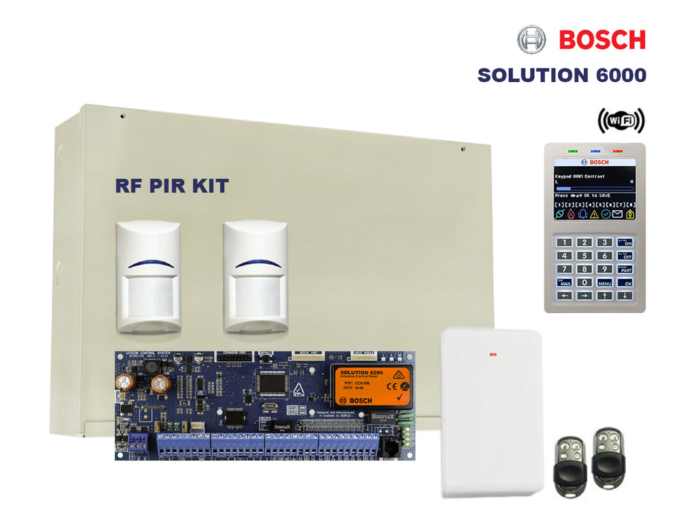 Bosch 6000 Alarm Kit, Wifi Keypad, Plug Pack, Battery, Siren Kit, RX, 2 x 4 Button Fobs & 2 x RF Tritech PIR