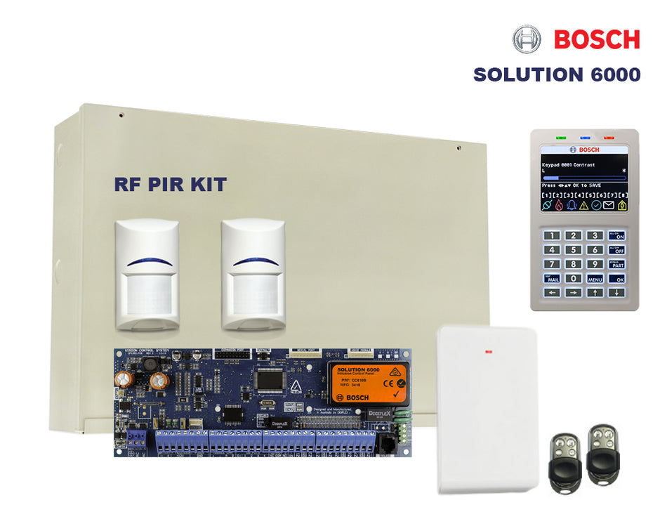 Bosch 6000 Alarm Kit, Keypad, Plug Pack, Battery, Siren Kit, RX, 2 x 4 Button Fobs & 2 x RF PIRs