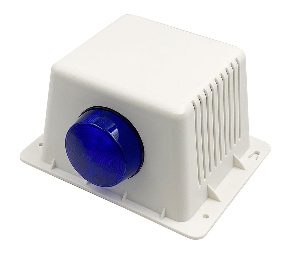 Traditional White Siren Box with Horn Speaker & Blue Strobe