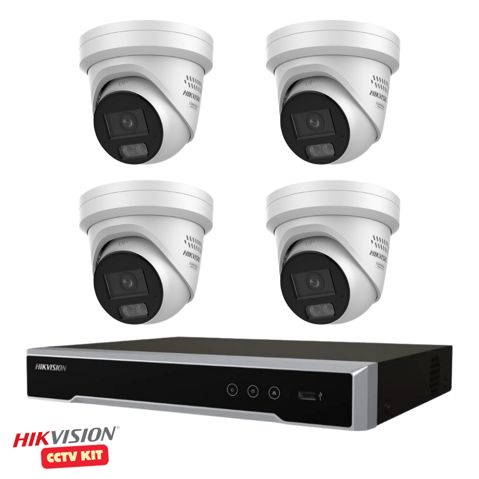 Hikvision 4 Channel M Series 4TB NVR with 4 x 4K 8 Megapixel ColorVu 3.0 LiveGuard Turret Cameras 2.8mm Lens
